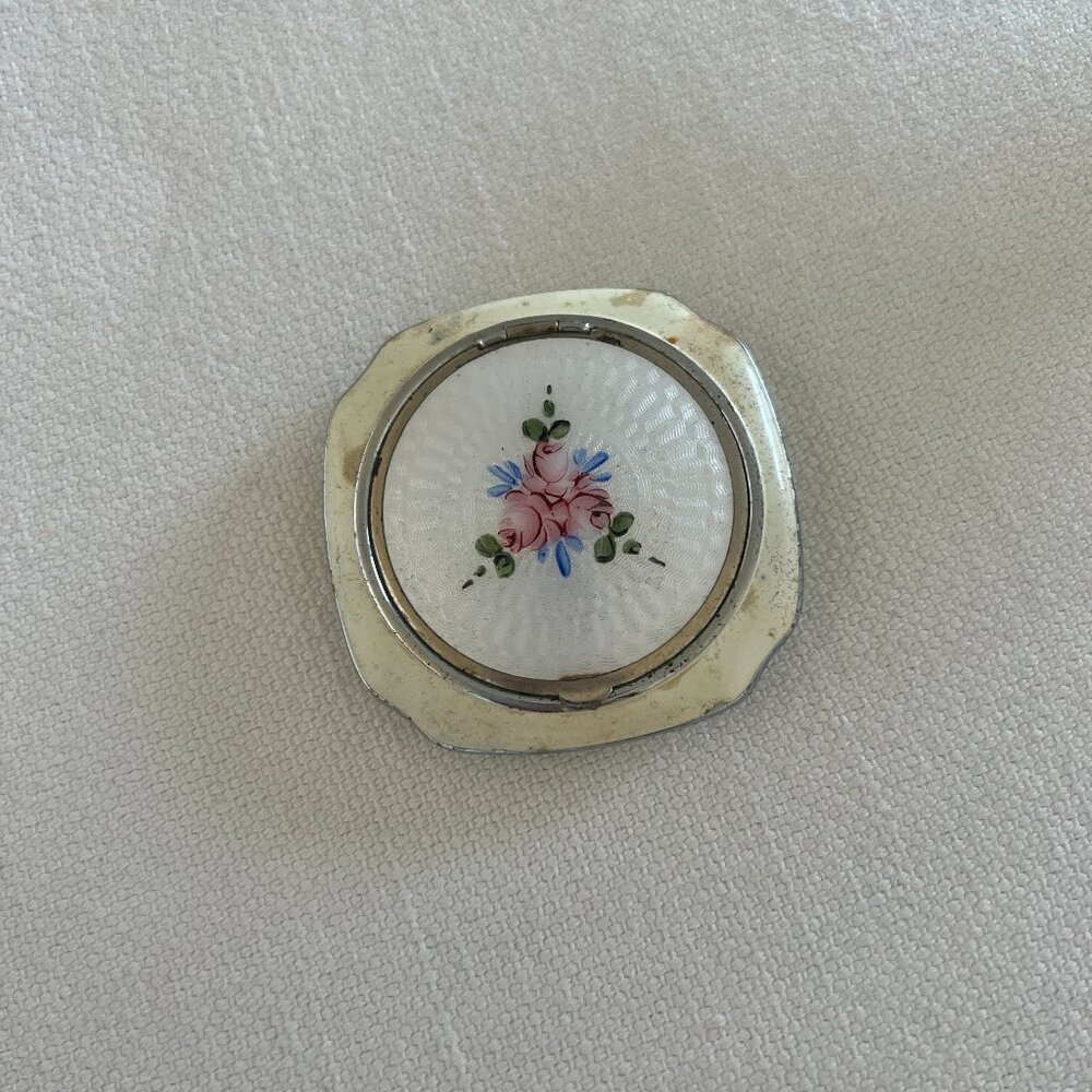 LAST CHANCE Antique Art Deco Ivory and Floral Guilloche Compact